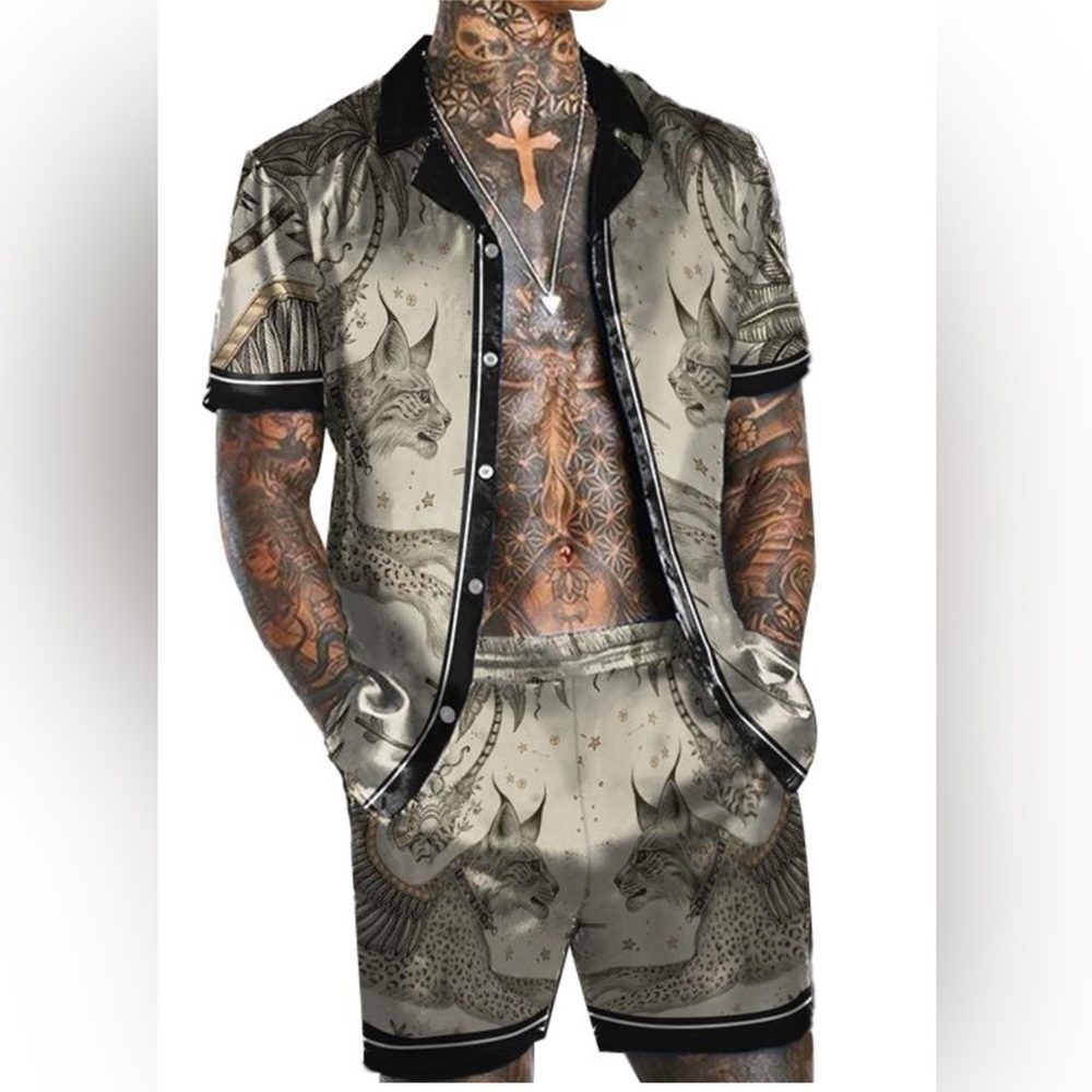 Menalvin MEN’S LEOPARD PRINT SHORT SLEEVE SHIRT SET 12243143L 2XL